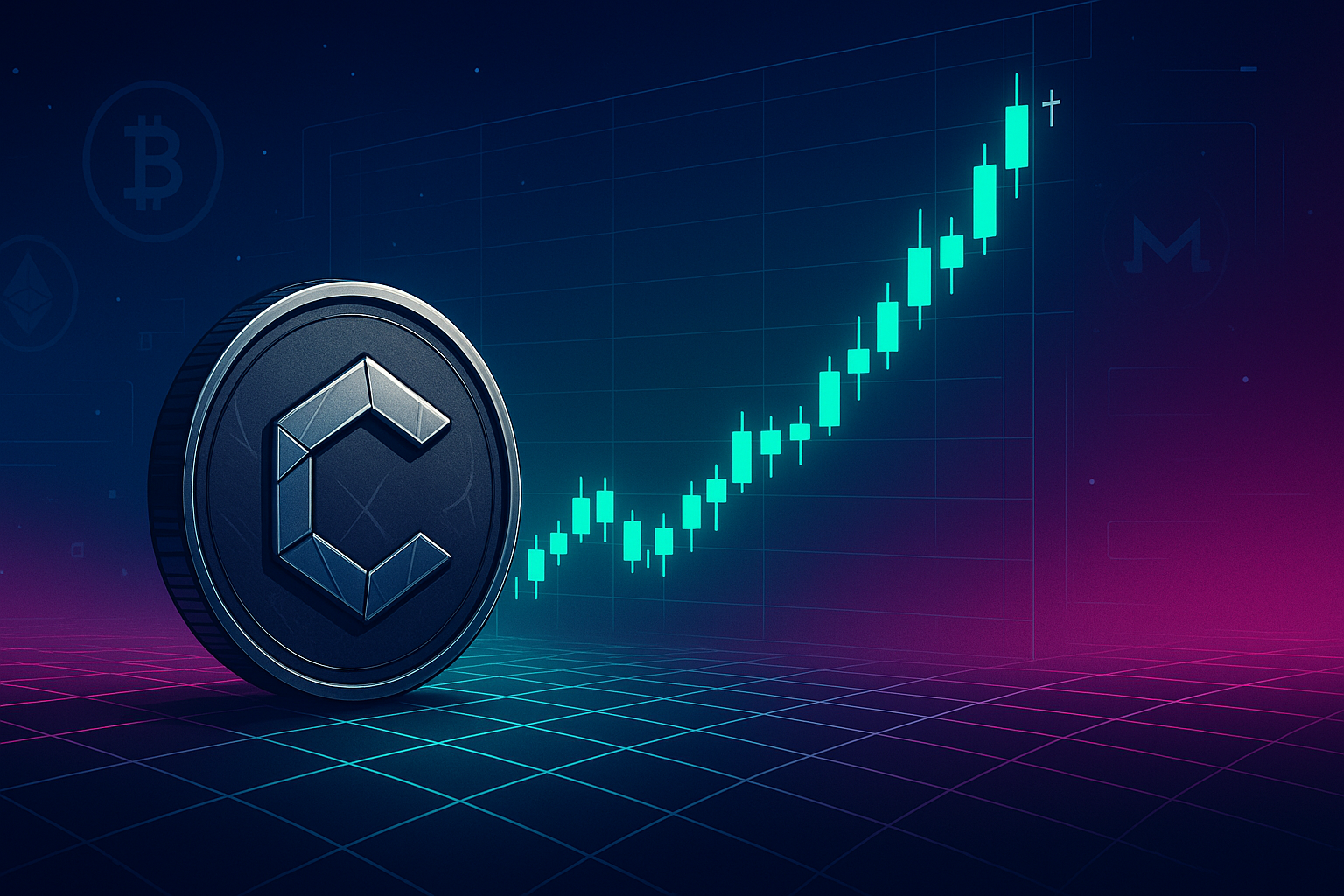 Futuristic crypto coin and bullish chart banner for CRO price prediction