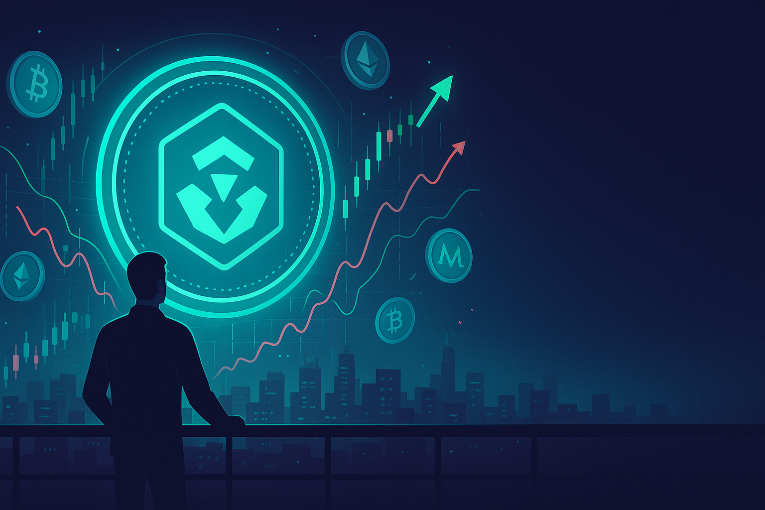 Trader watches holographic CRO-inspired coin with crypto price charts over futuristic digital city