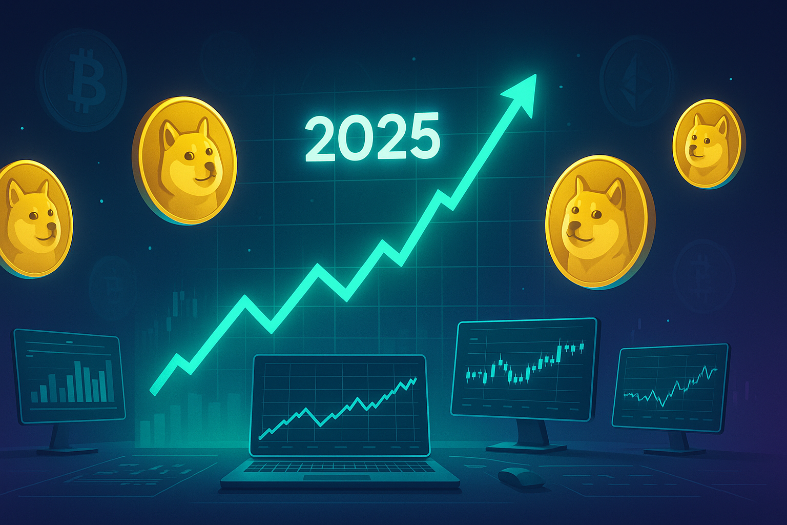 Футуристический криптотрейдинговый стол с графиком роста до 2025 года и плавающими монетами в виде мемов с собаками.