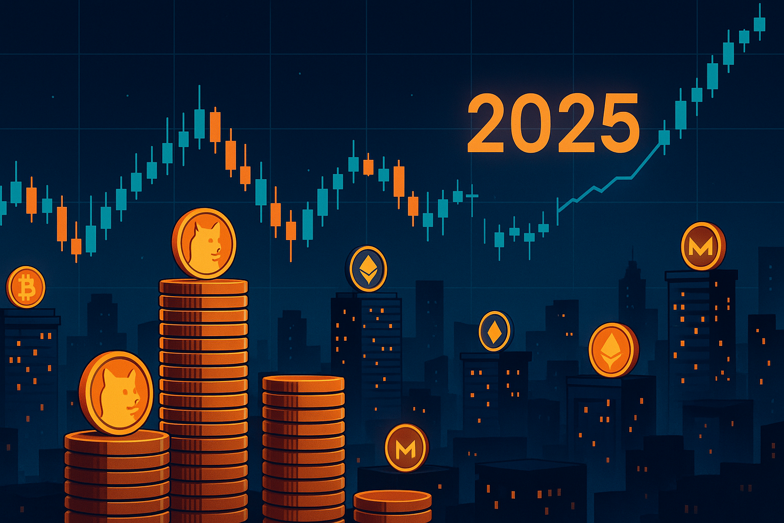 Cyberpunk skyline of stacked dog coins with crypto charts trending up toward 2025