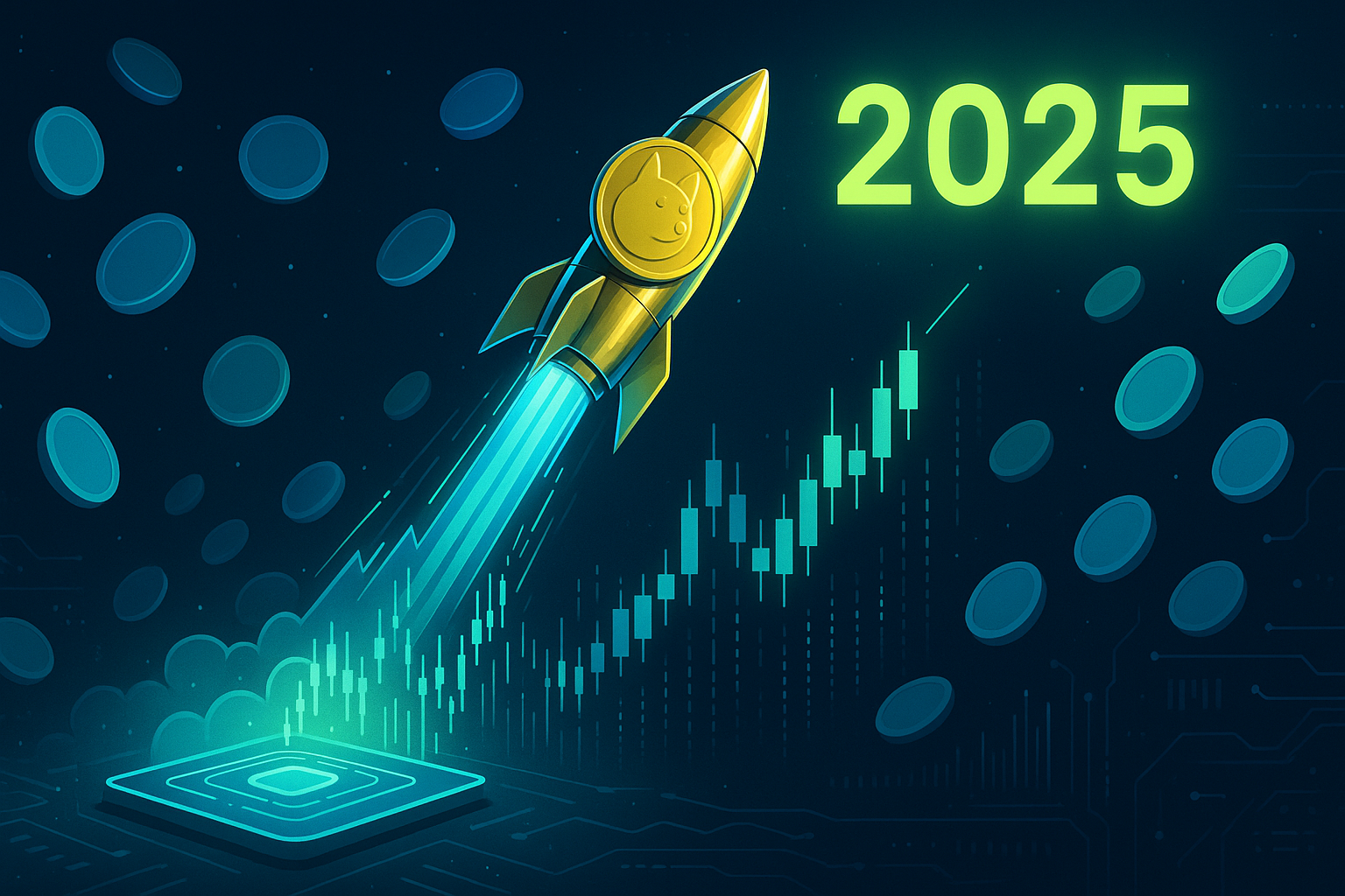 Dogecoin rocket made of coins launching from crypto exchange toward 2025 price targets
