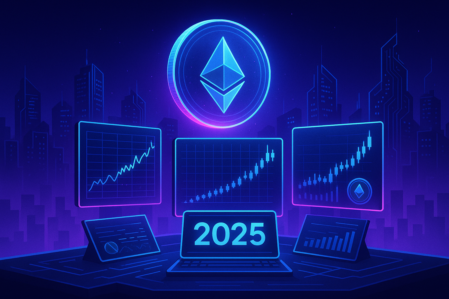 Futuristic neon trading desk with rising ETH-style charts and 2025 calendar