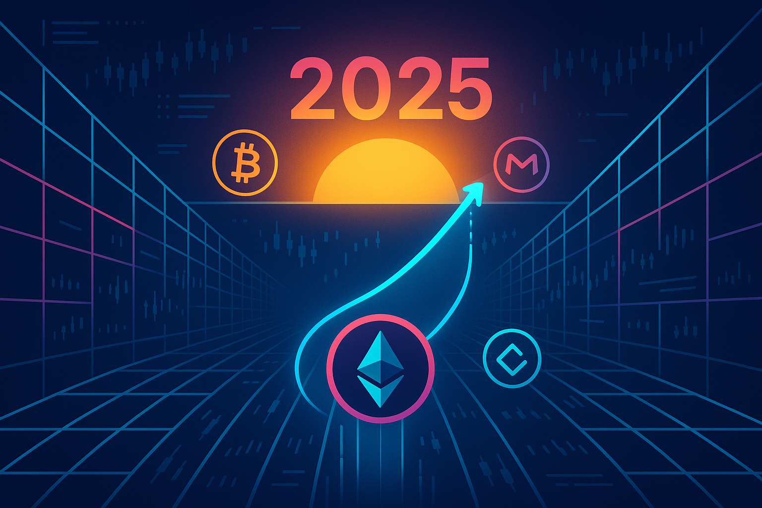 Ethereum price projection tunnel toward 2025 with crypto coins and neon blockchain blocks