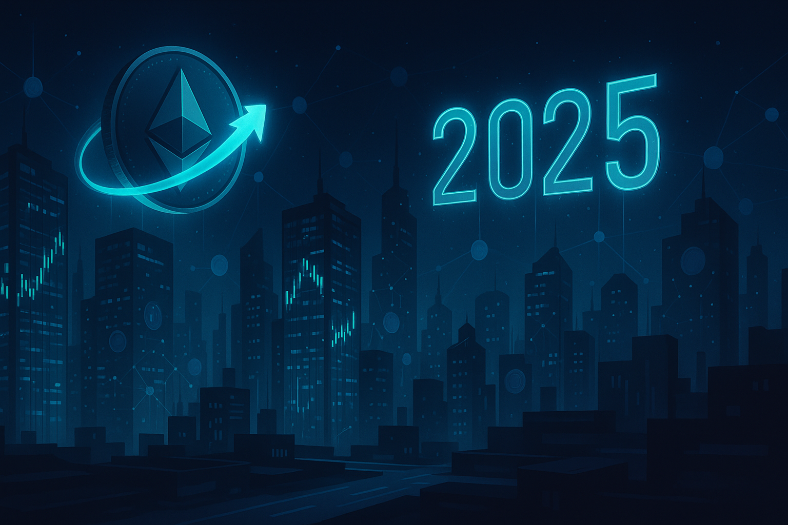 Futuristic cyberpunk city with glowing Ethereum coin and 2025 price charts in the sky