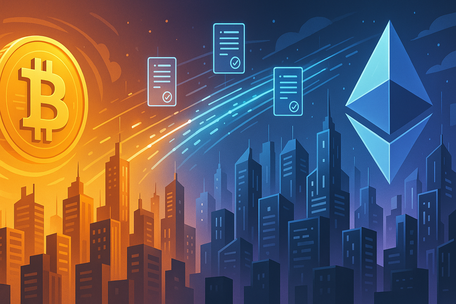 Ciudad dividida futurista que muestra cómo Bitcoin y Ethereum impulsan economías digitales rivales.