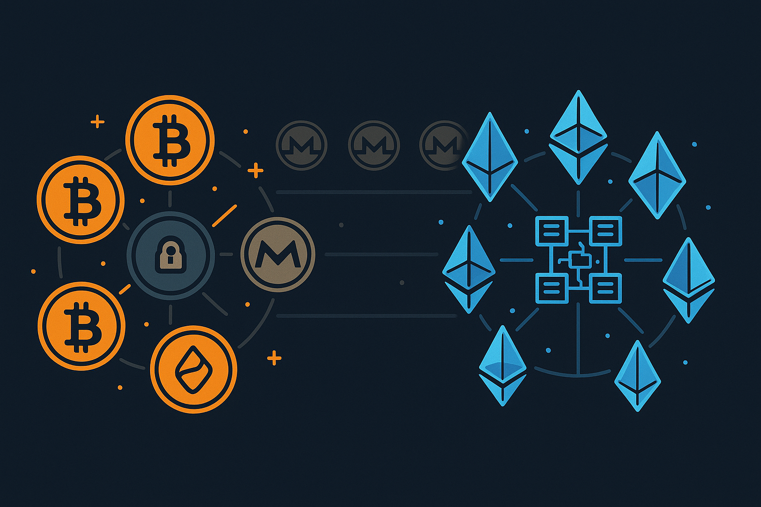 Infografía que compara la bóveda de reserva de valor de Bitcoin con la red de contratos inteligentes de Ethereum, que ofrece un nivel de privacidad similar al de Monero.