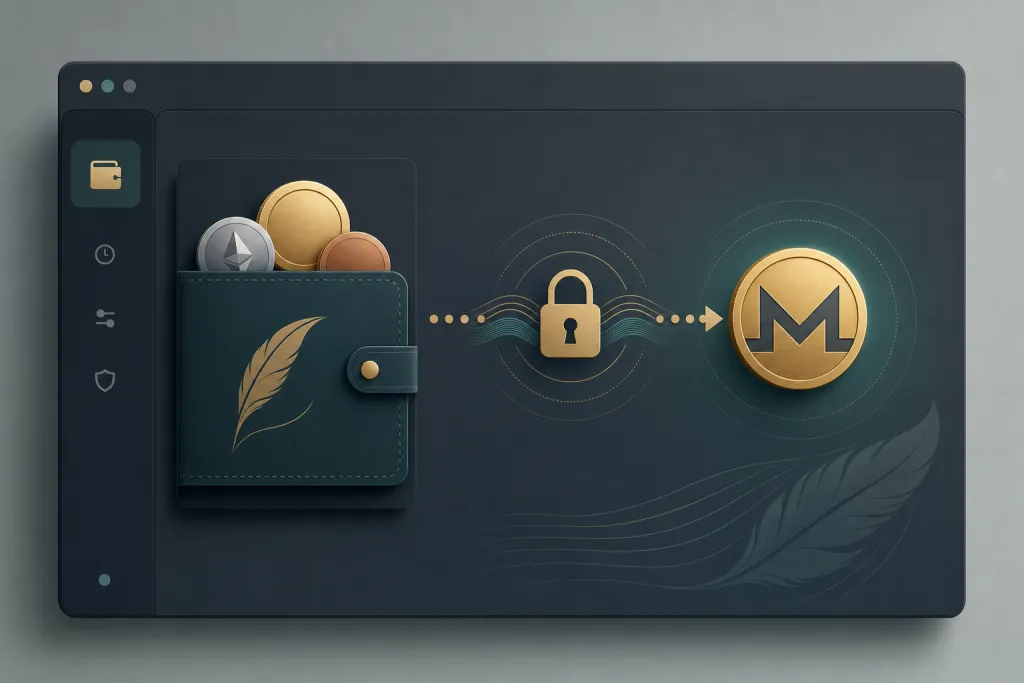 Ilustración de una billetera de privacidad de escritorio que intercambia criptomonedas por un token Monero a través de un icono de candado de privacidad.
