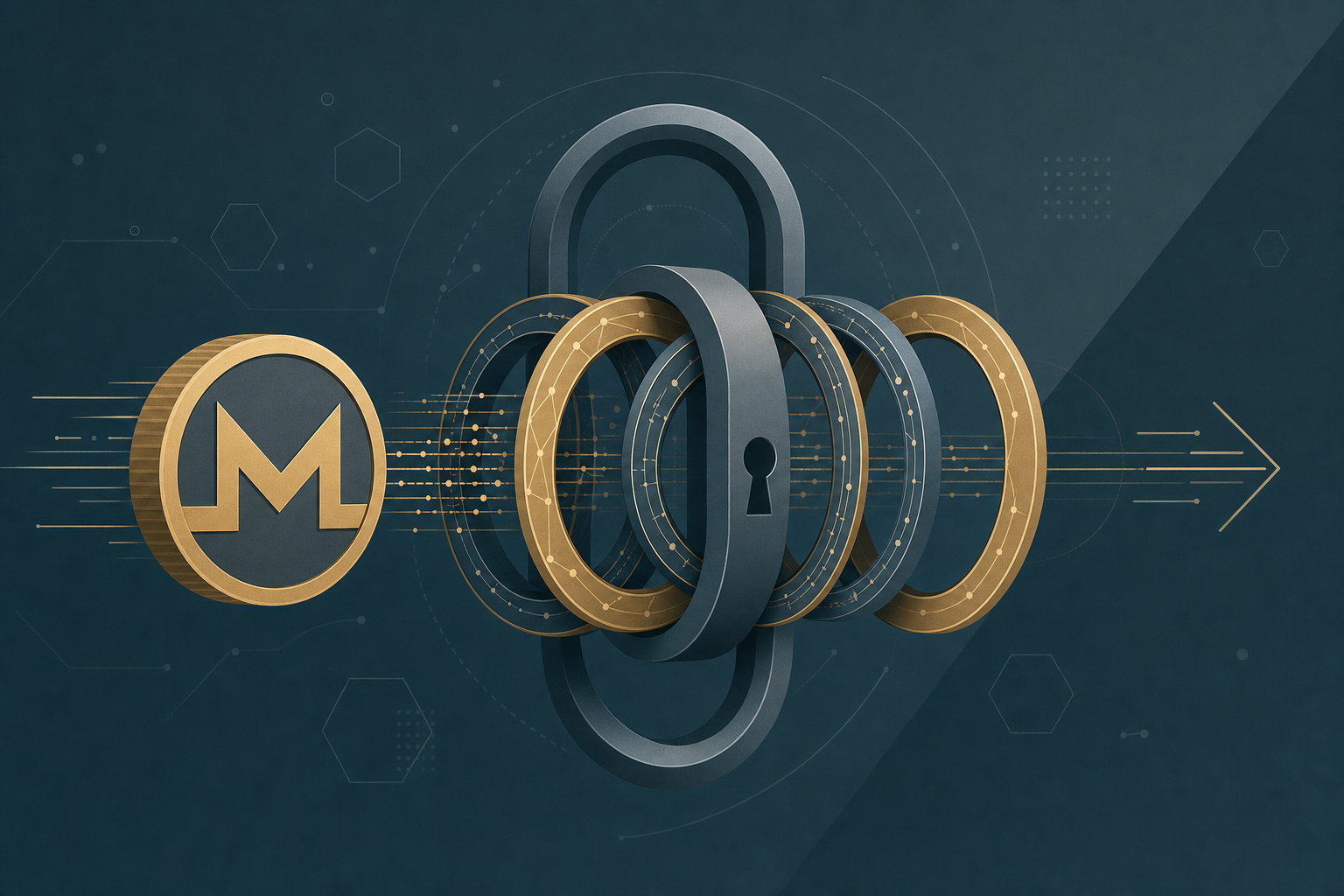 Токен Monero проходит через криптографическую блокировку доказательства, представляющую собой доказательства полного членства FCMP++, заменяющие кольцевые подписи.