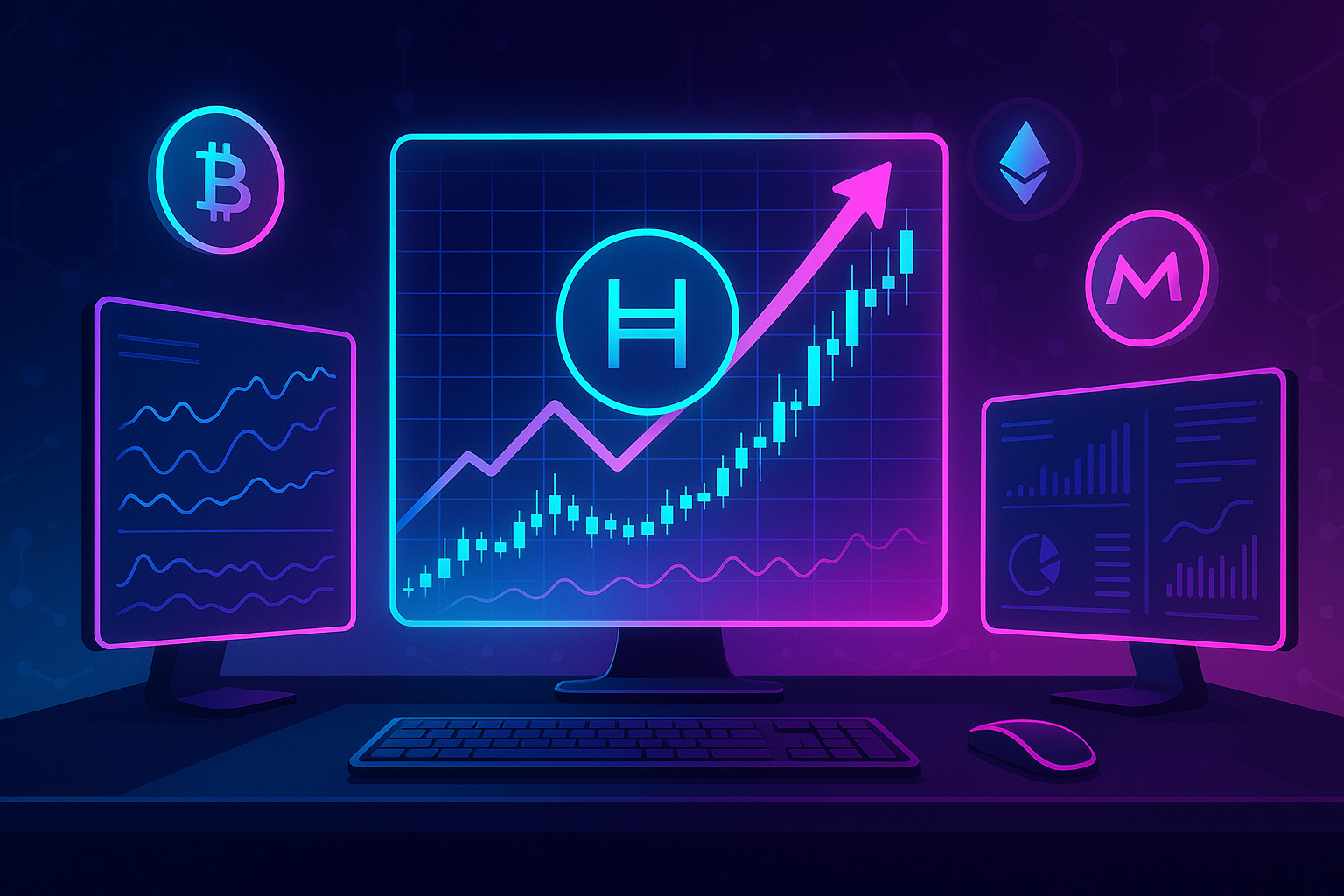 Futuristic crypto trading desk with HBAR-style coin chart surging in the next bull run