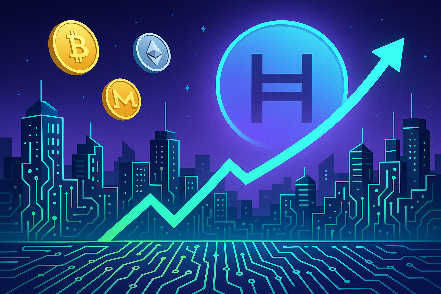 Futuristic blockchain city with rising HBAR coin and bullish crypto chart