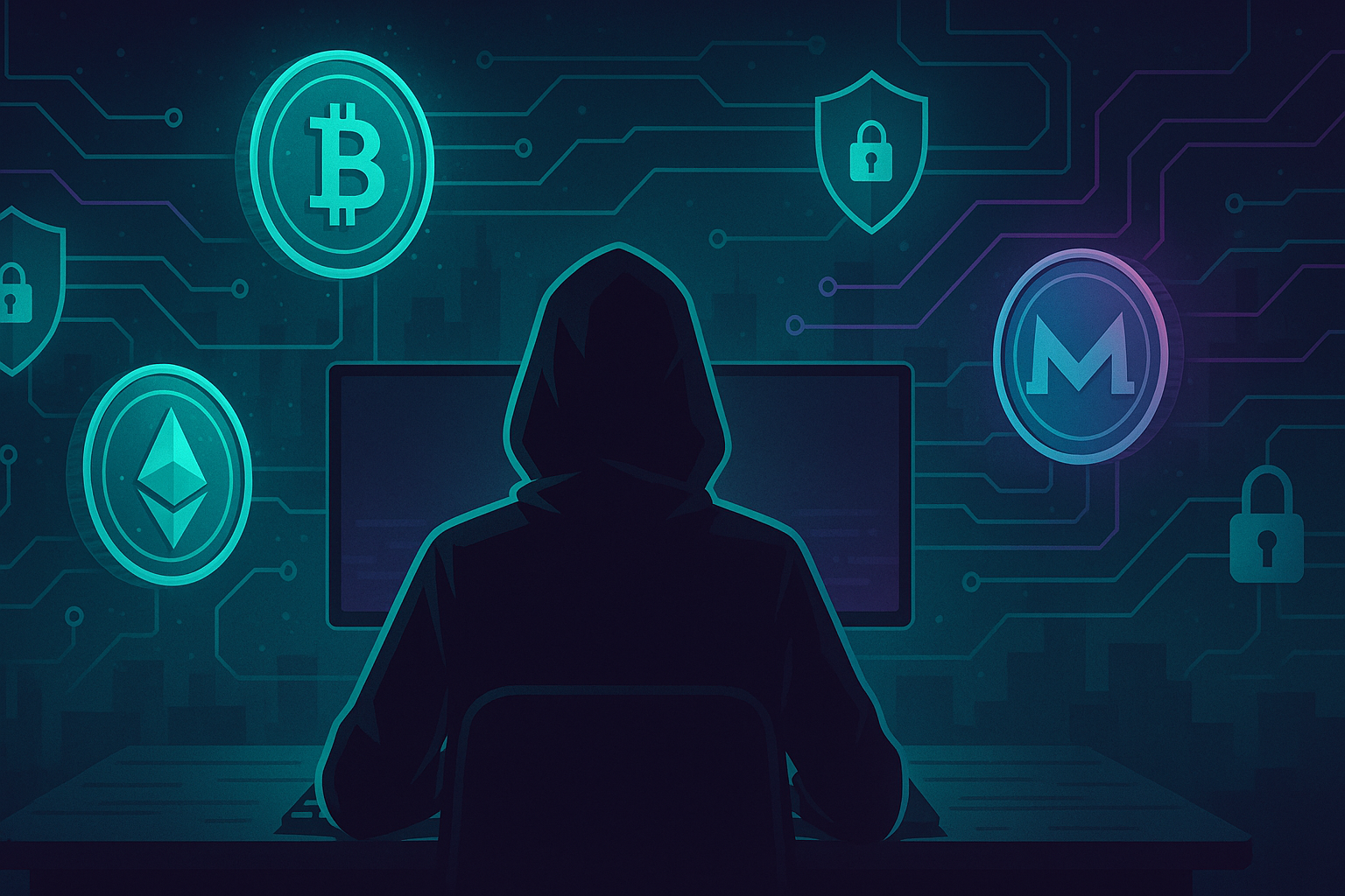 Hooded figure at ultrawide monitor with anonymous crypto coins and privacy icons in neon room