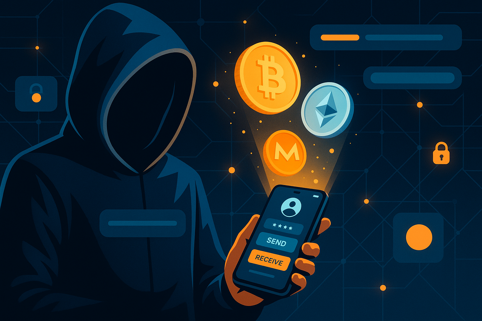 Person using anonymous crypto wallet app with Bitcoin, Ethereum and Monero icons glowing from smartphone