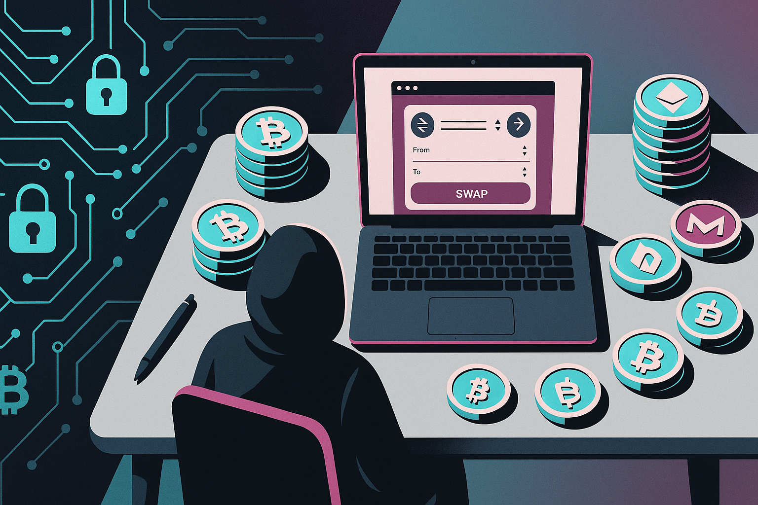 Top-down view of anonymous crypto trading desk with laptop DEX and privacy-themed elements