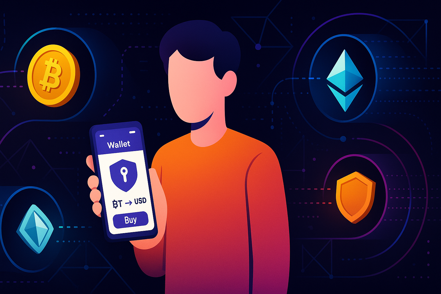User buying crypto without KYC using a non-custodial wallet and private P2P trade on a decentralized network