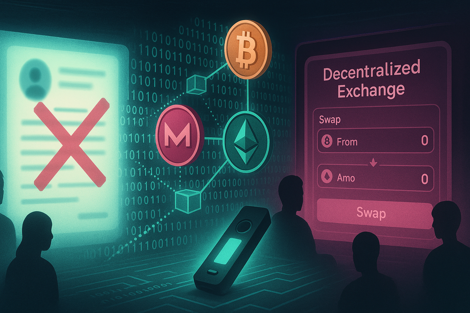 Crypto traders buying coins without KYC via DEX and hardware wallet in a techy blockchain scene