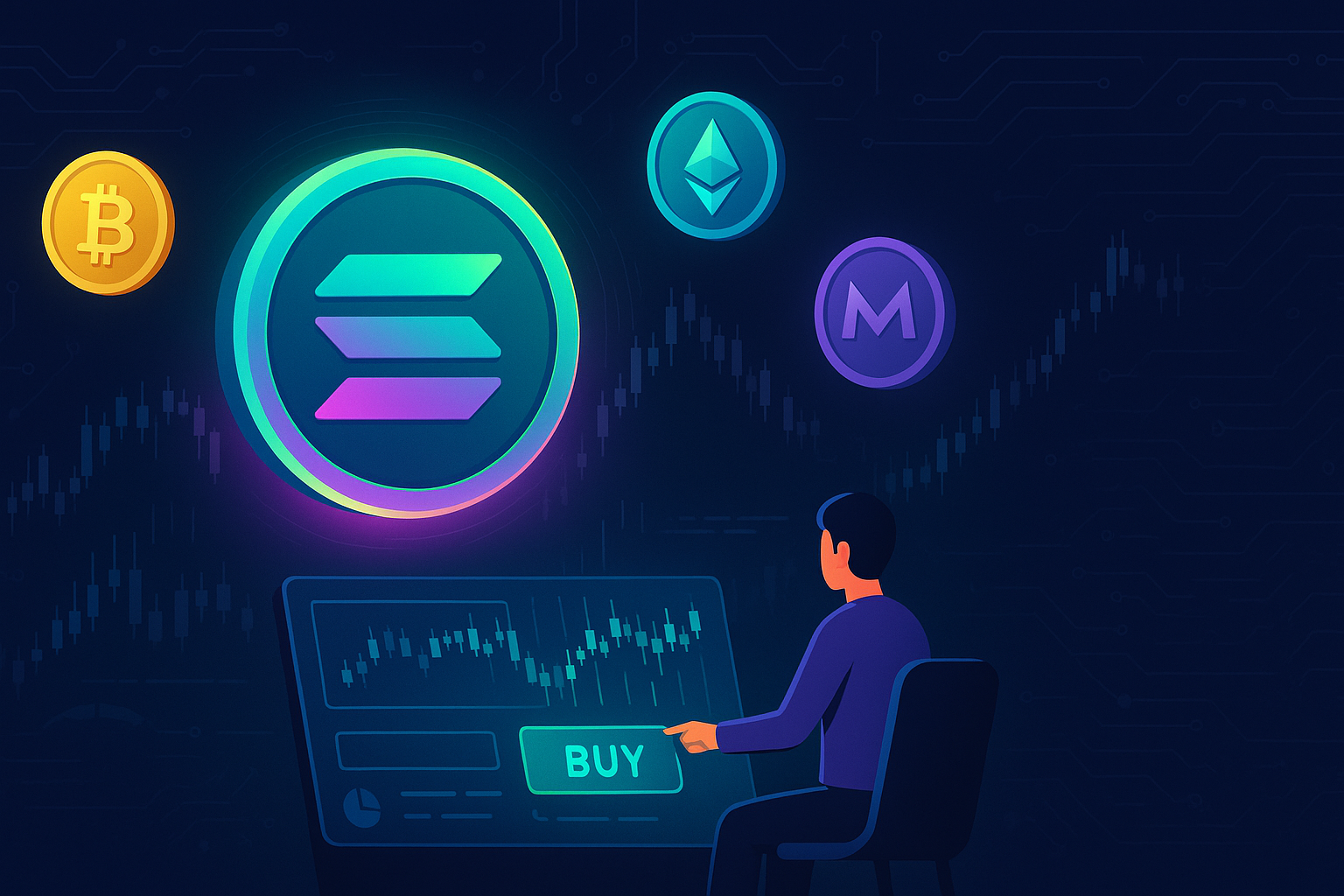 Trader buying Solana-style crypto coin on futuristic dashboard with BTC, ETH and privacy coins