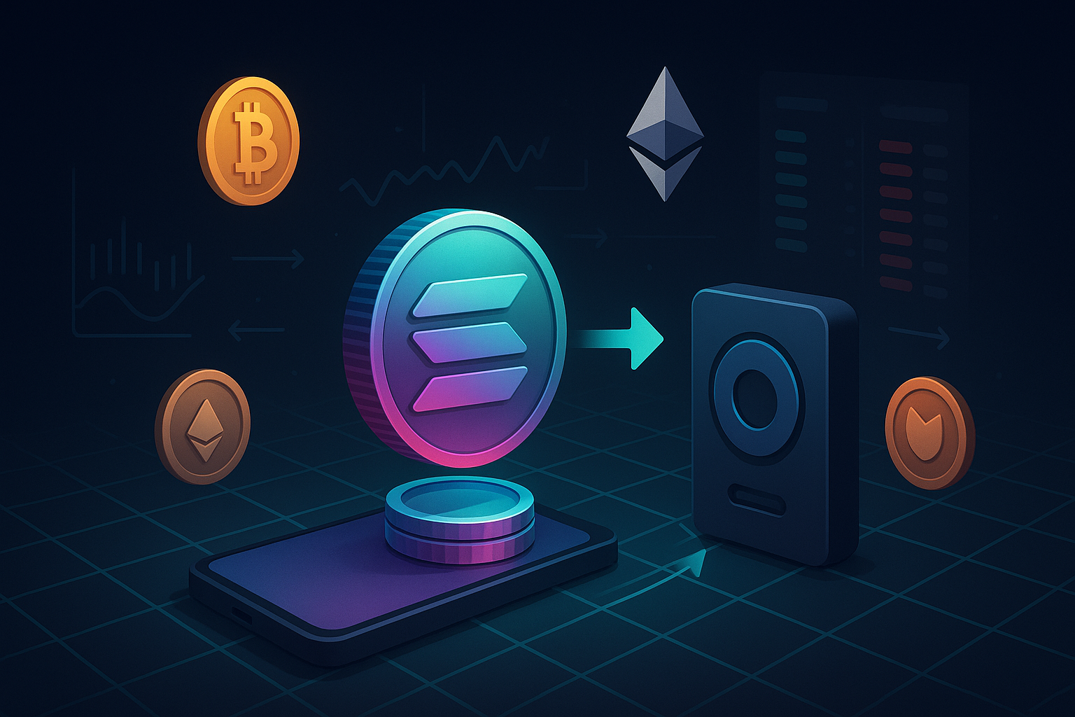 Digital marketplace swapping Solana-style coin from phone to hardware wallet