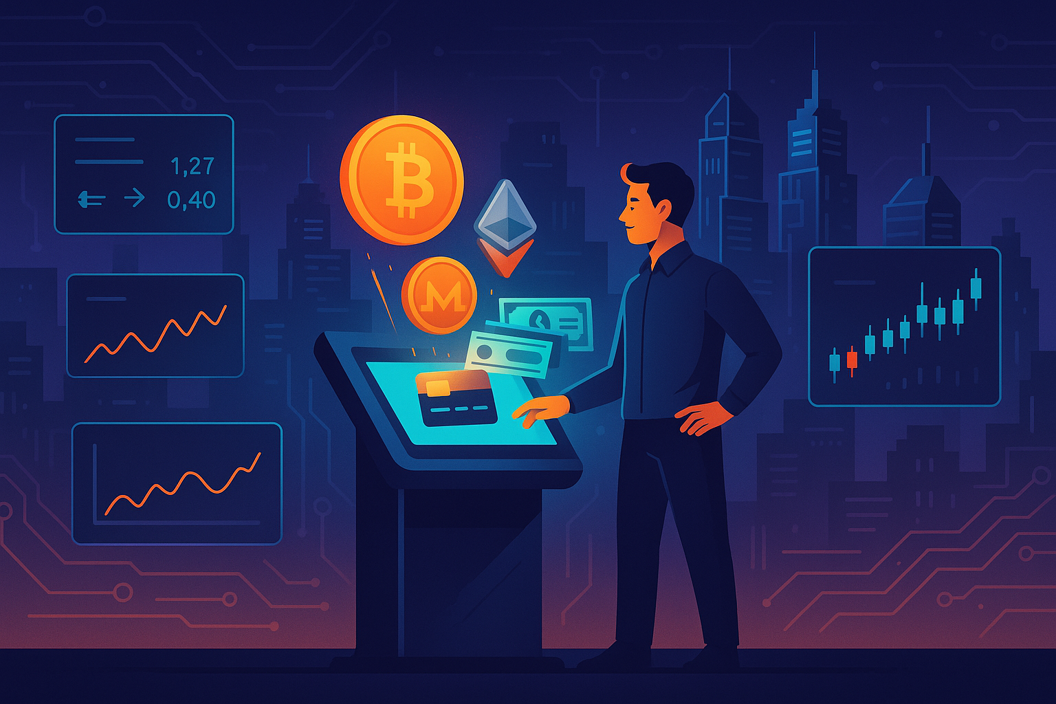 Crypto user at digital kiosk converting coins to cash and bank card in a futuristic city