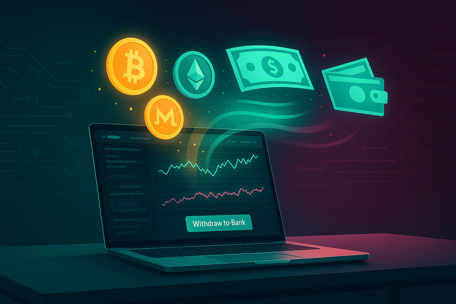 Laptop crypto exchange dashboard converting coins into cash and digital wallets