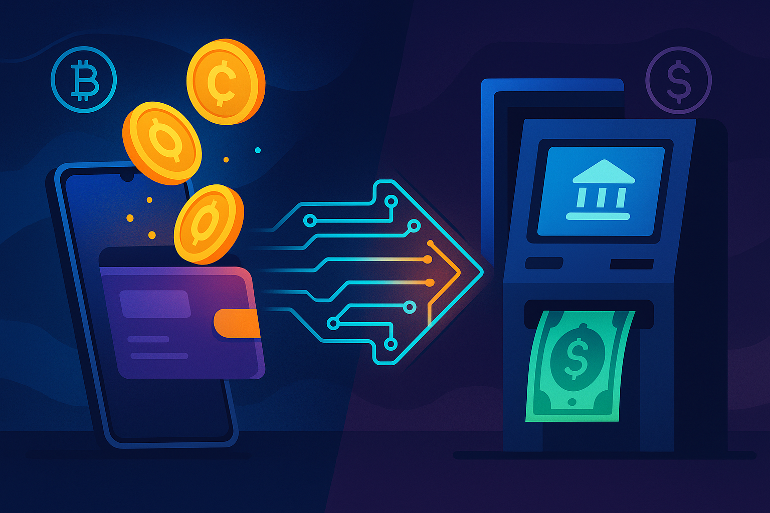 Split-screen illustration of converting crypto in a mobile wallet to cash via ATM and bank account