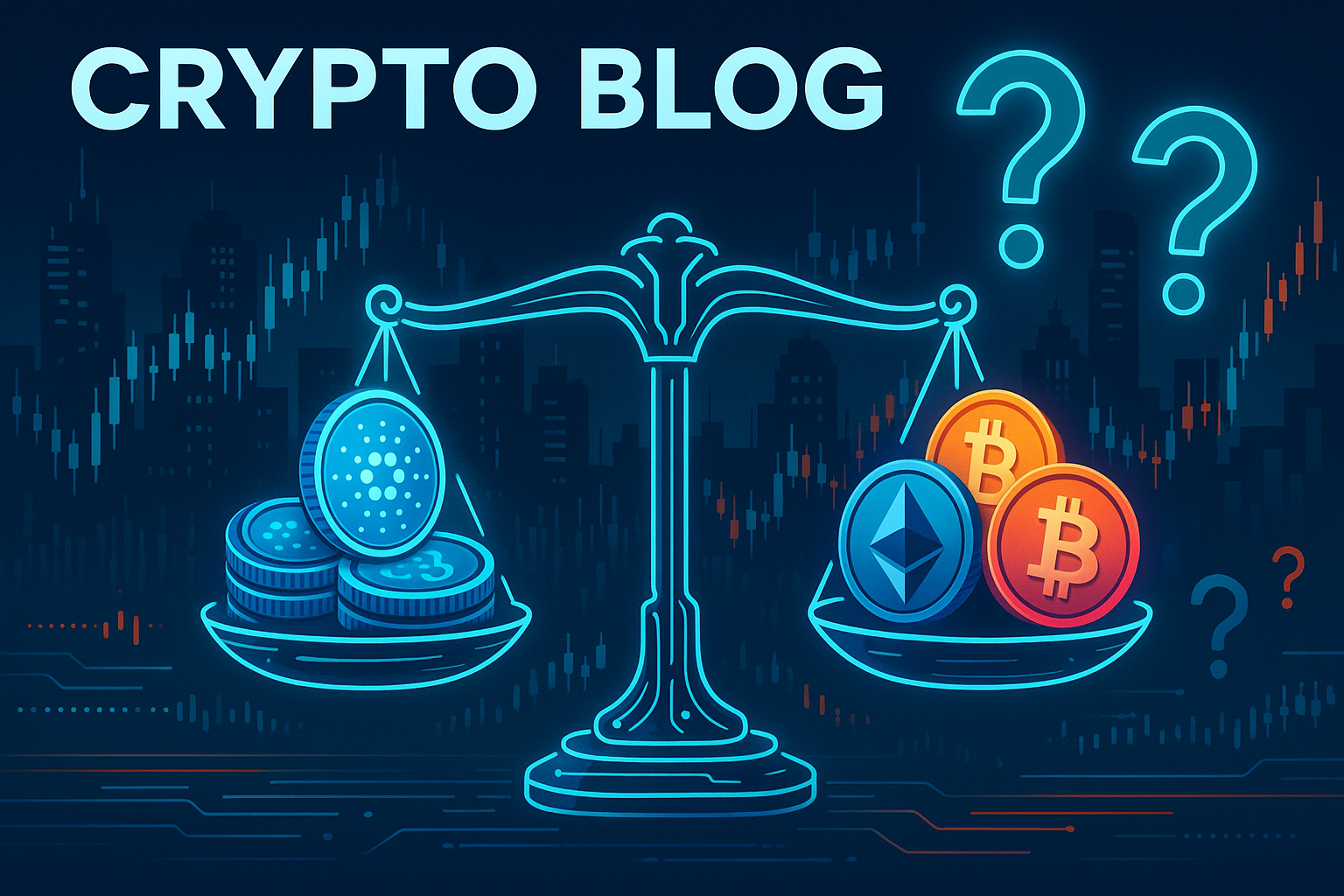 Futuristic crypto scales weighing Cardano against other coins in a digital city