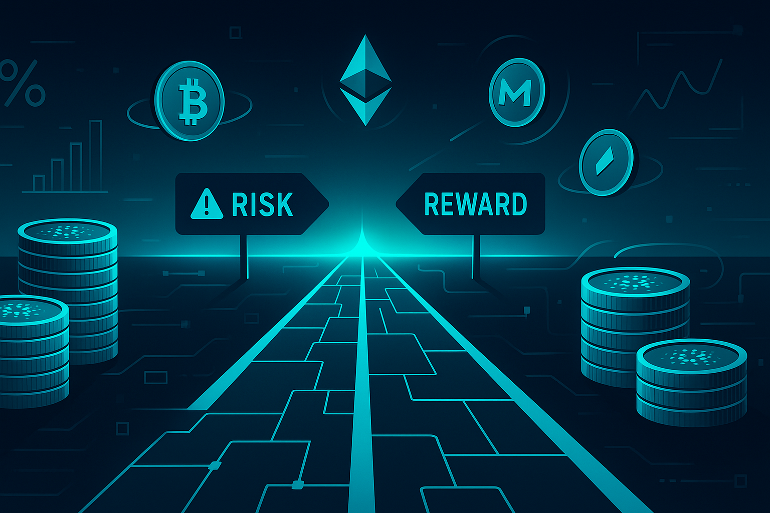 Futuristic crypto road of ADA-like coins showing diverging risk and reward paths