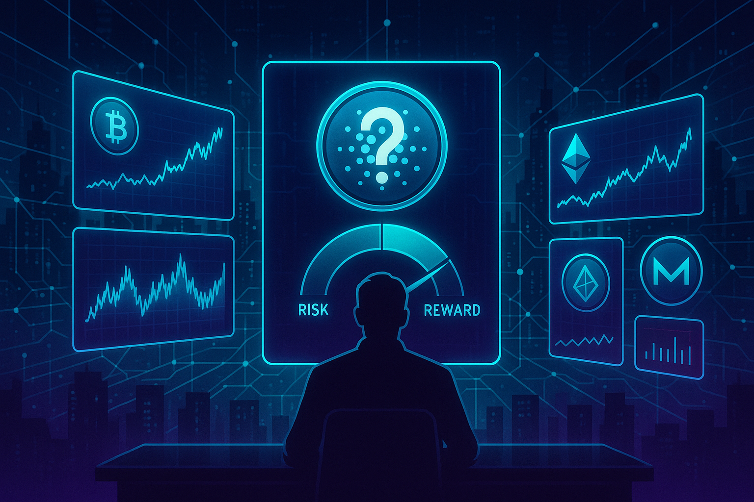 Crypto trader analyzing ADA price charts and risk-reward holograms on a futuristic trading desk