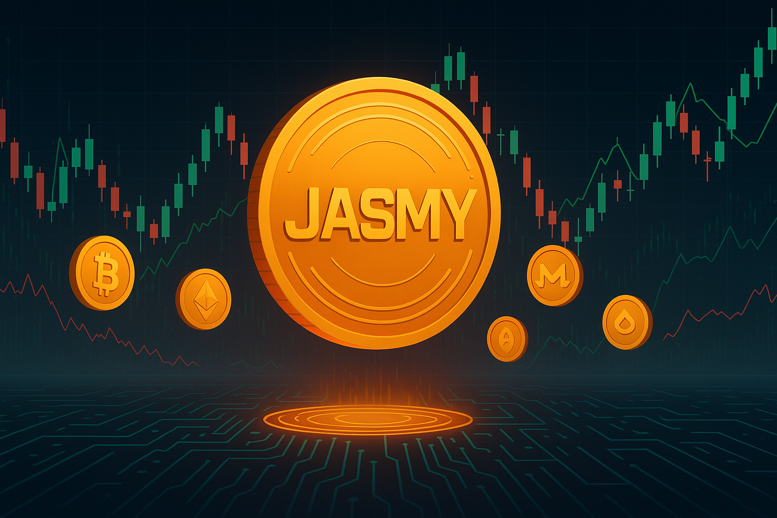 Jasmy coin hovering over circuit-board floor with crypto charts