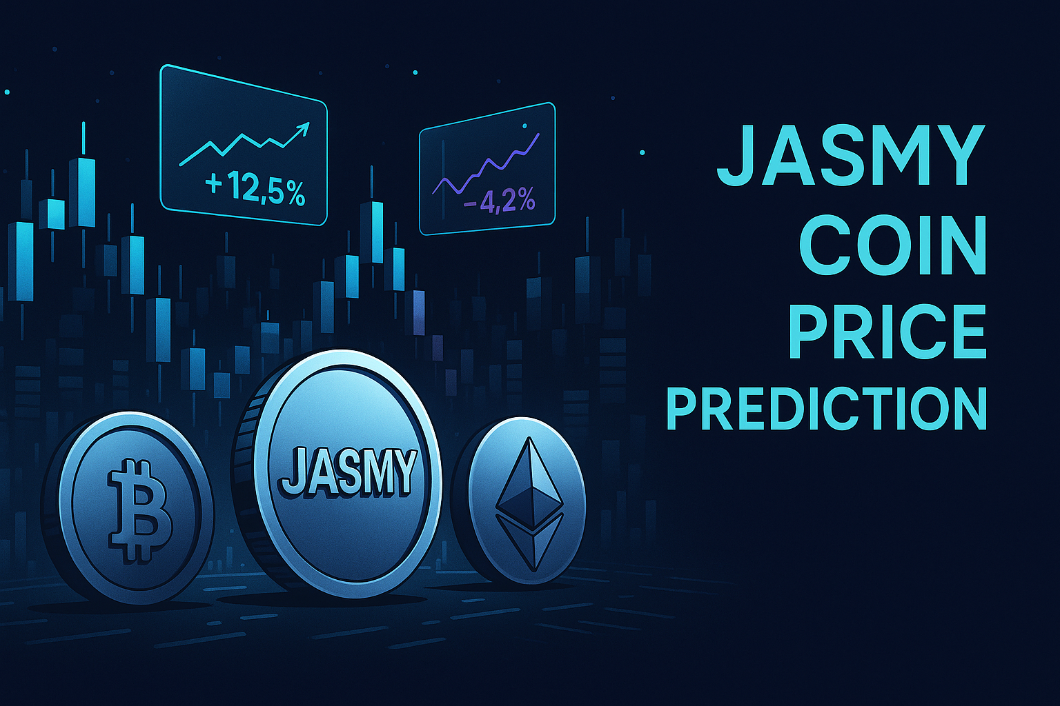 Jasmy coin price prediction banner with digital crypto city and charts