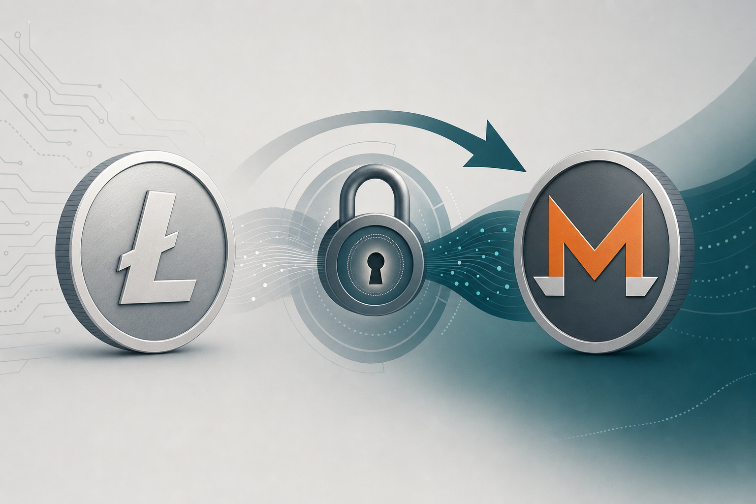 Иллюстрация конвертации токена Litecoin в токен Monero с помощью значка замка конфиденциальности.
