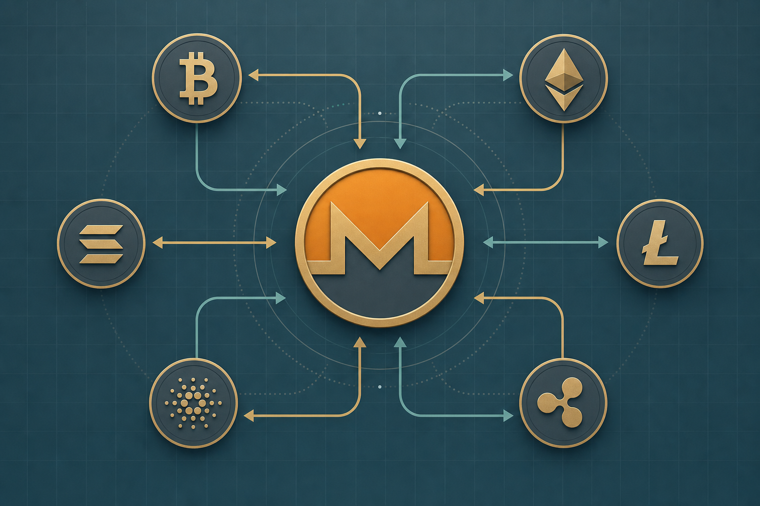 Monero coin symbol at center of a network of converging crypto exchange arrows on a slate and teal grid