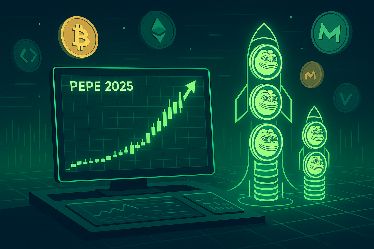 Futuristic trading desk with holographic PEPE 2025 charts and rocket-like frog coins