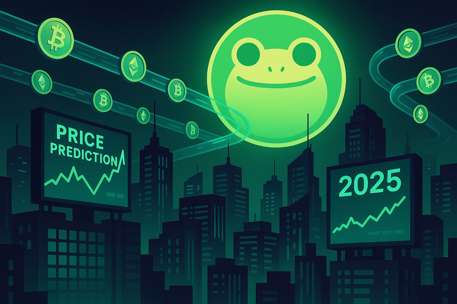 Neon cyber city with giant frog coin moon and crypto price graphs