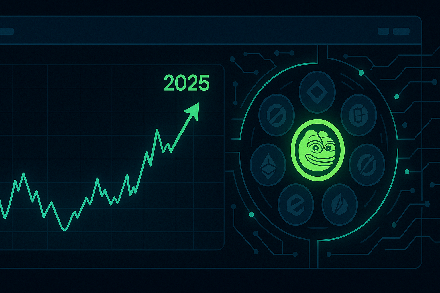 Pepe coin price prediction 2025 dashboard with rising crypto chart and neon frog coin icons