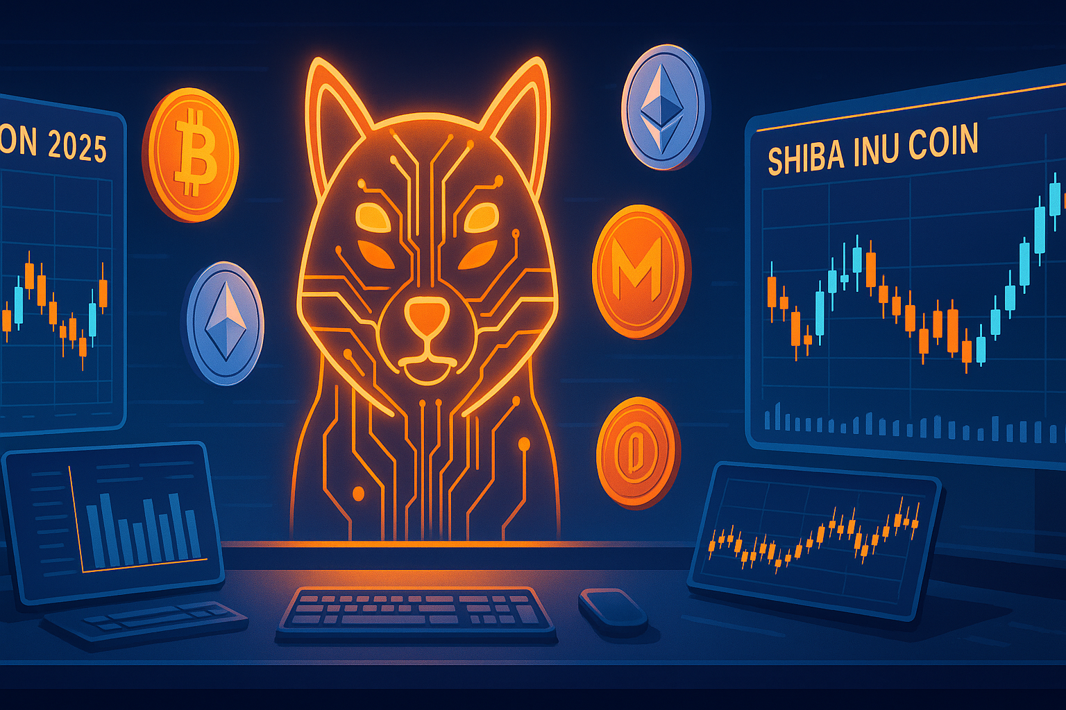 Futuristic trading desk with holographic charts showing Shiba Inu coin price prediction for 2025