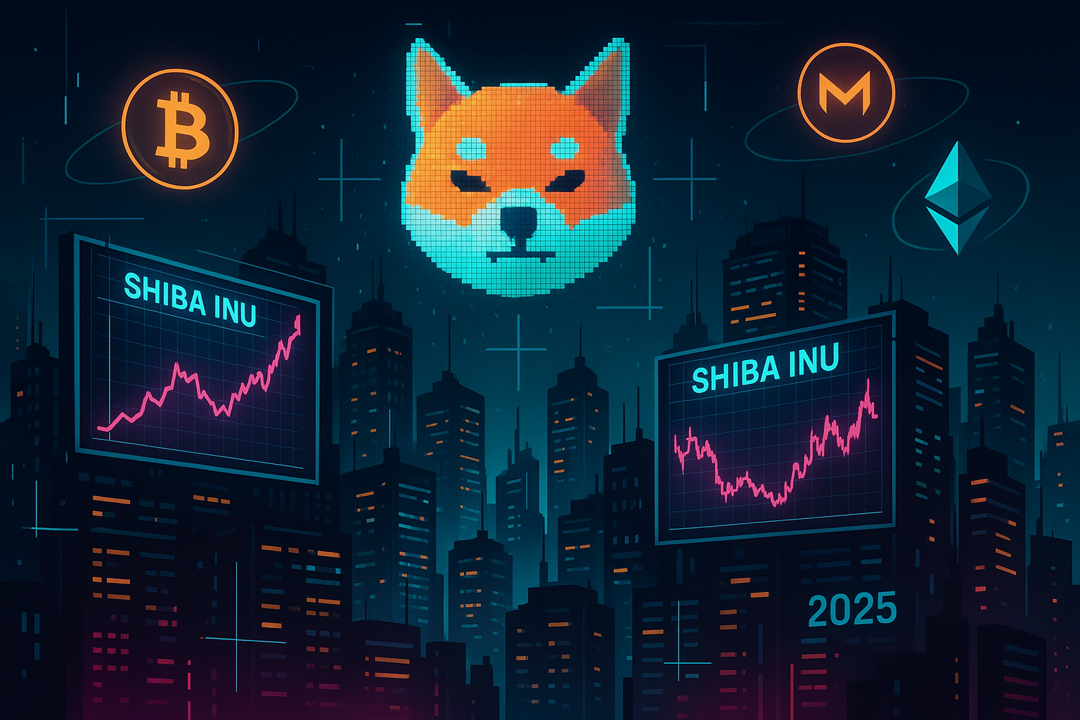 Cyberpunk skyline with Shiba Inu coin price charts and neon crypto icons