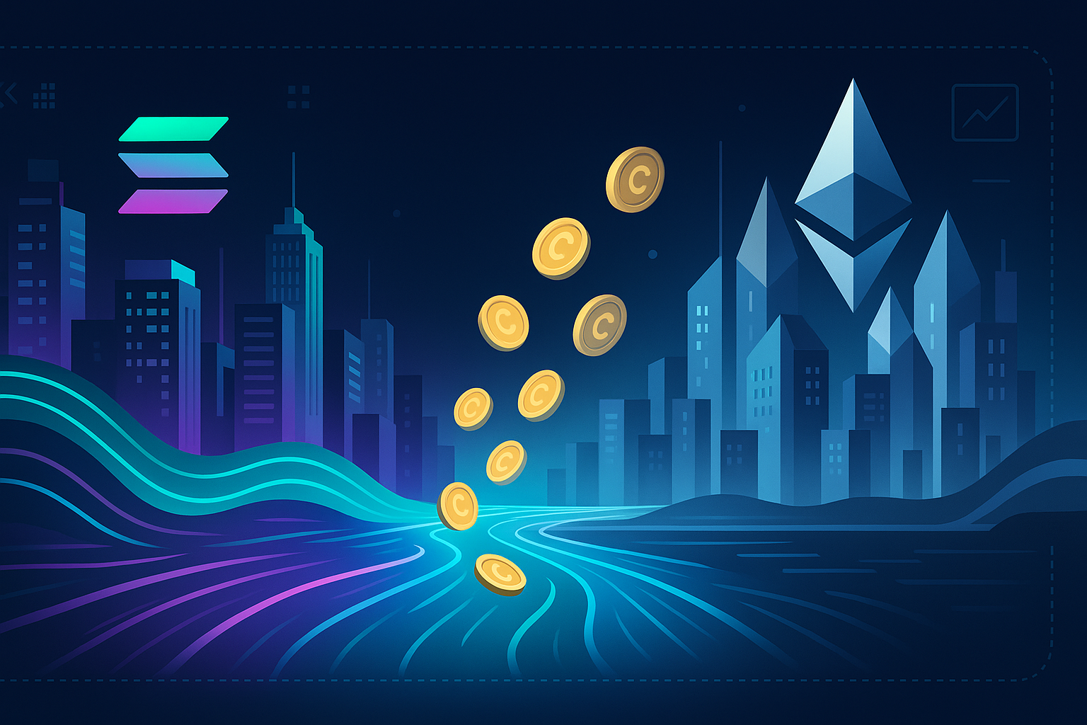 Футуристические города в стиле Solana и блокчейн-проекты на базе Ethereum, соединенные светящейся крипторебой.