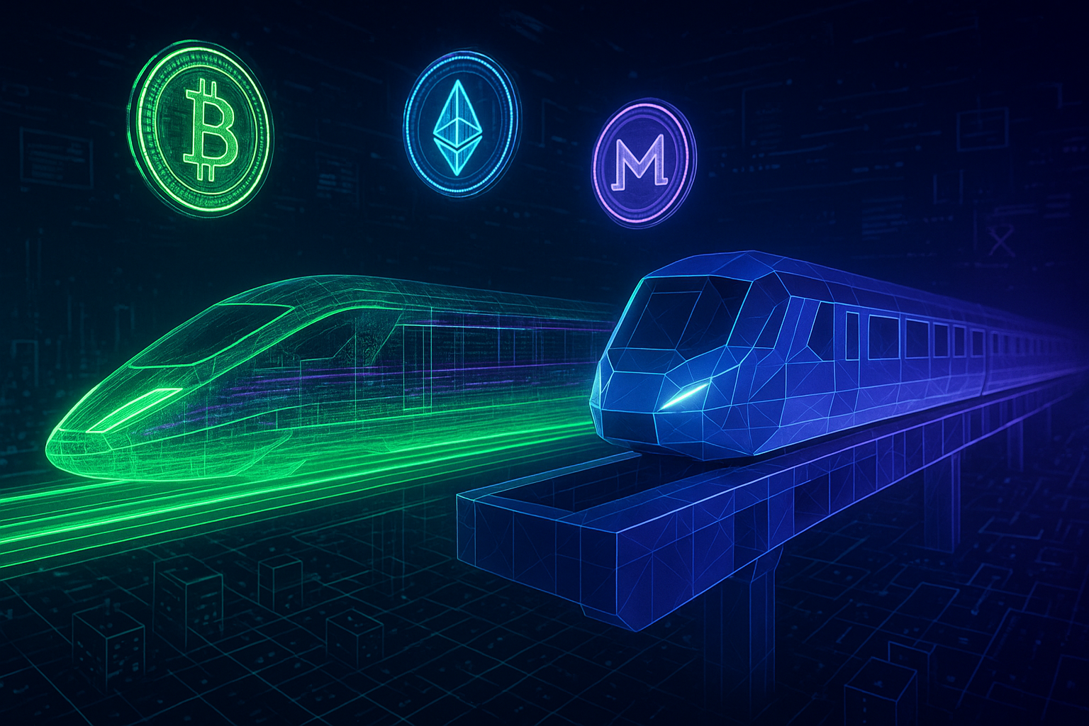Futuristic Solana and Ethereum trains racing through a digital crypto city at night