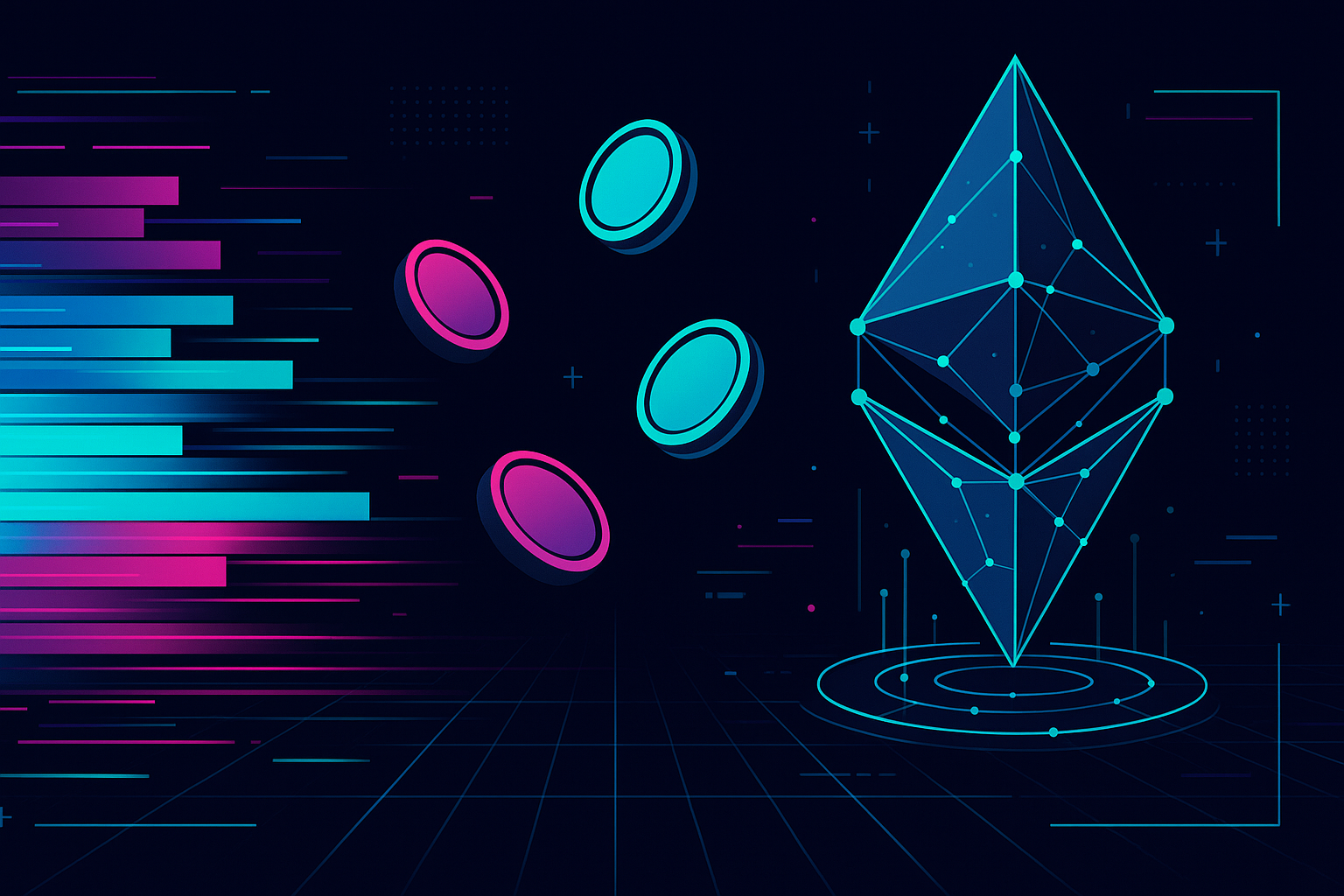 Abstract Solana vs Ethereum digital arena with data streams and polygon networks