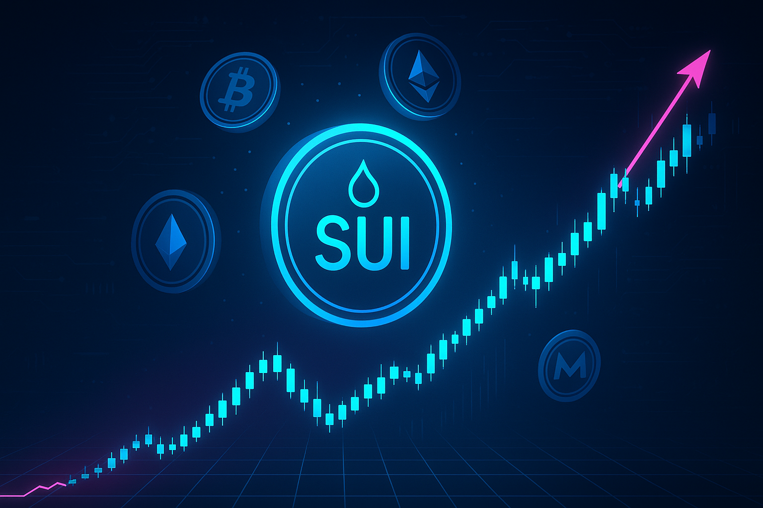 Futuristic SUI token price chart banner with major crypto coins