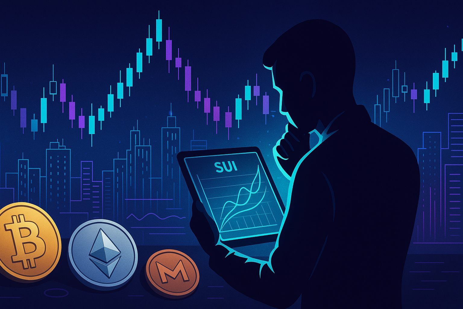 Futuristic crypto trader analyzing SUI price prediction charts in a digital city of holographic candlesticks