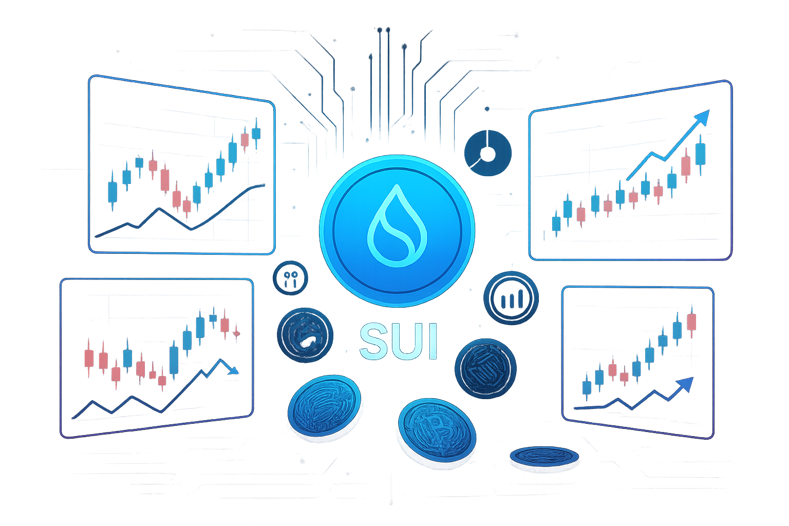 Virtual crypto command center analyzing SUI coin price prediction charts