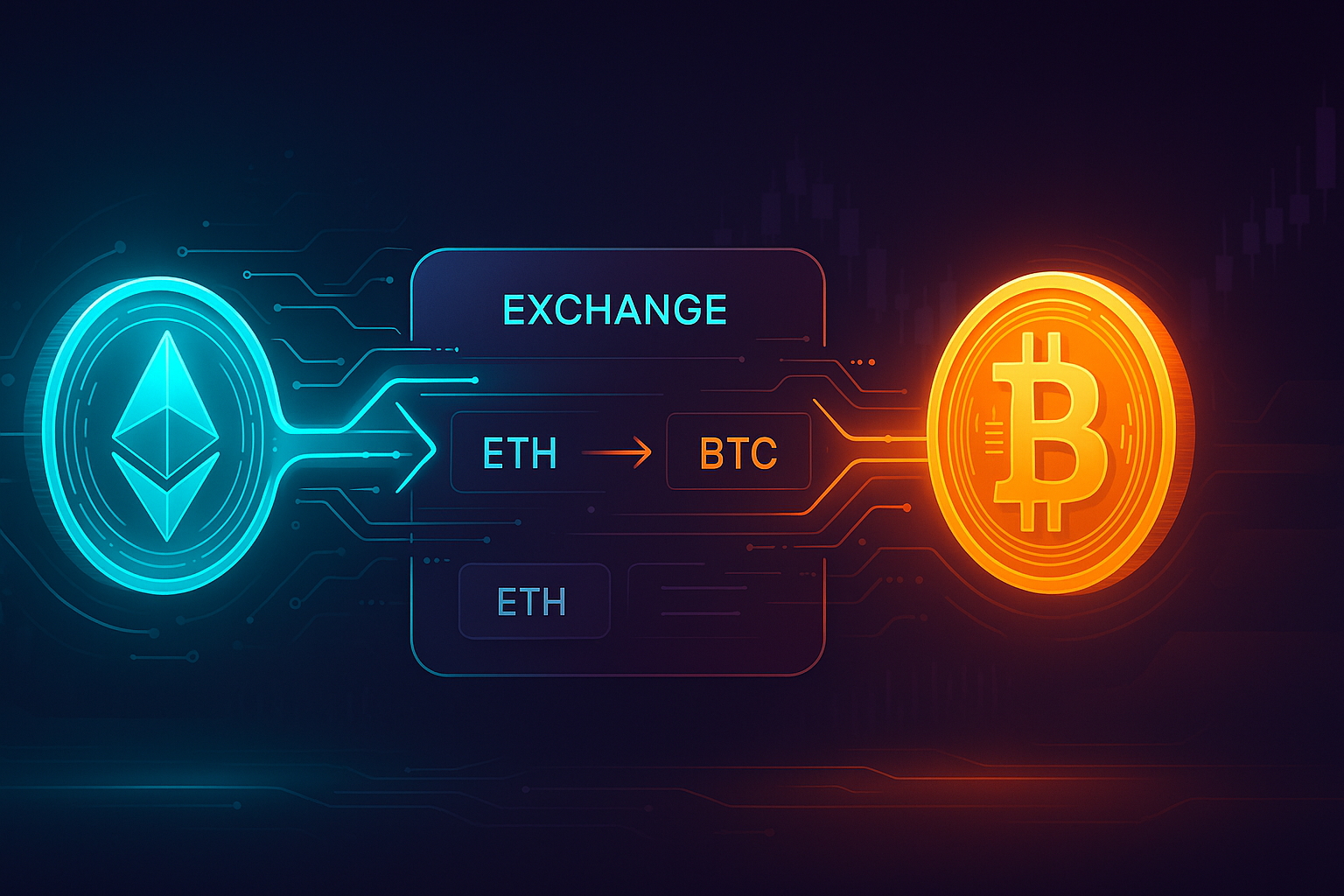Interface crypto futuriste montrant l'échange d'Ethereum contre du Bitcoin avec des flèches néon.