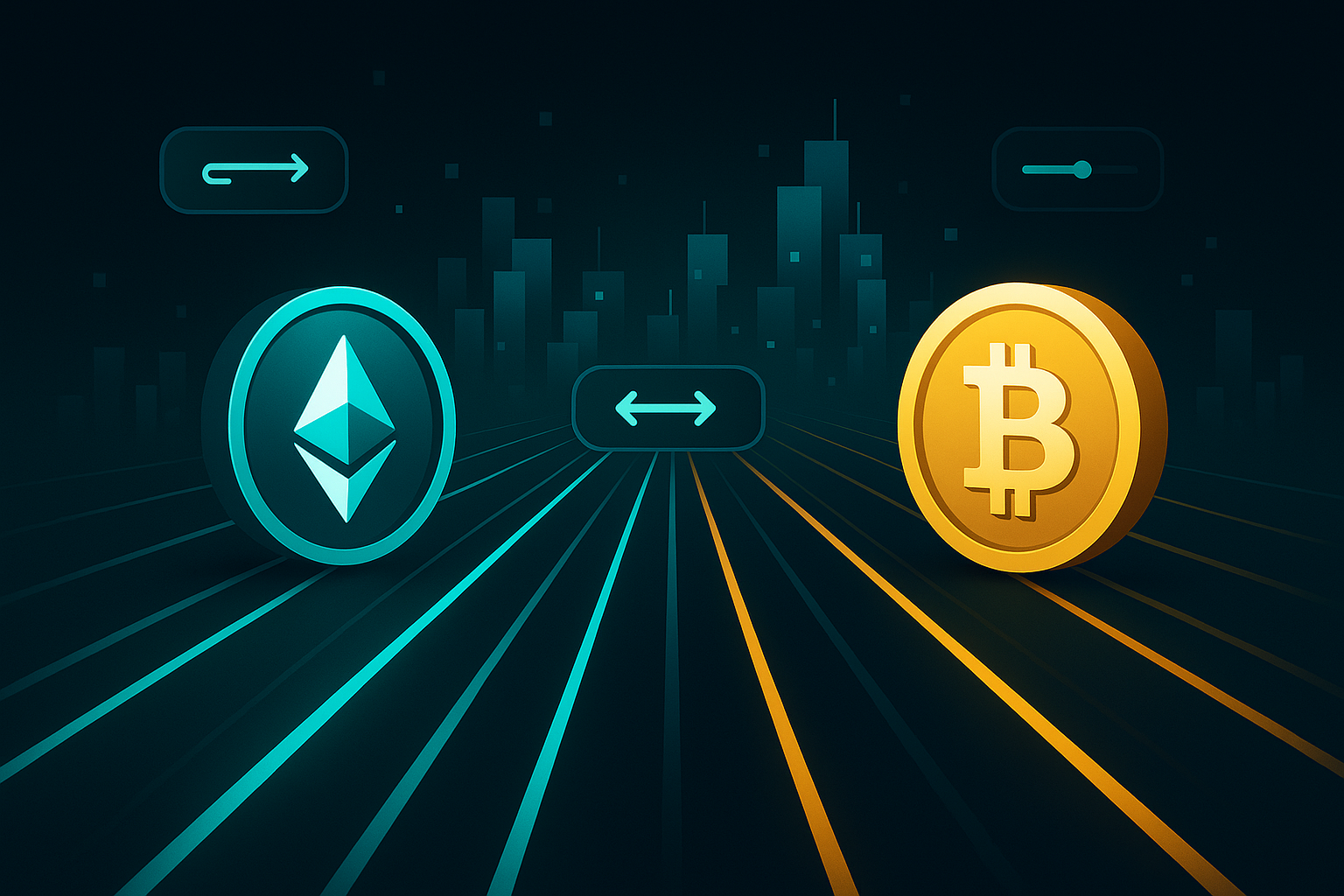 Neon Digital Highway, une interface utilisateur crypto moderne pour échanger Ethereum contre Bitcoin.