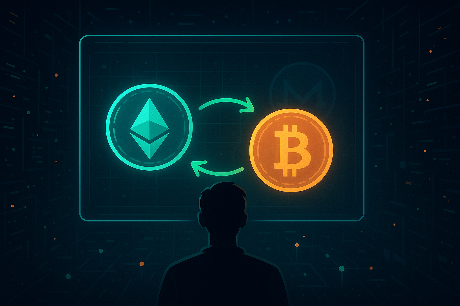 Tableau de bord crypto holographique permettant d'échanger Ethereum contre Bitcoin avec option de confidentialité