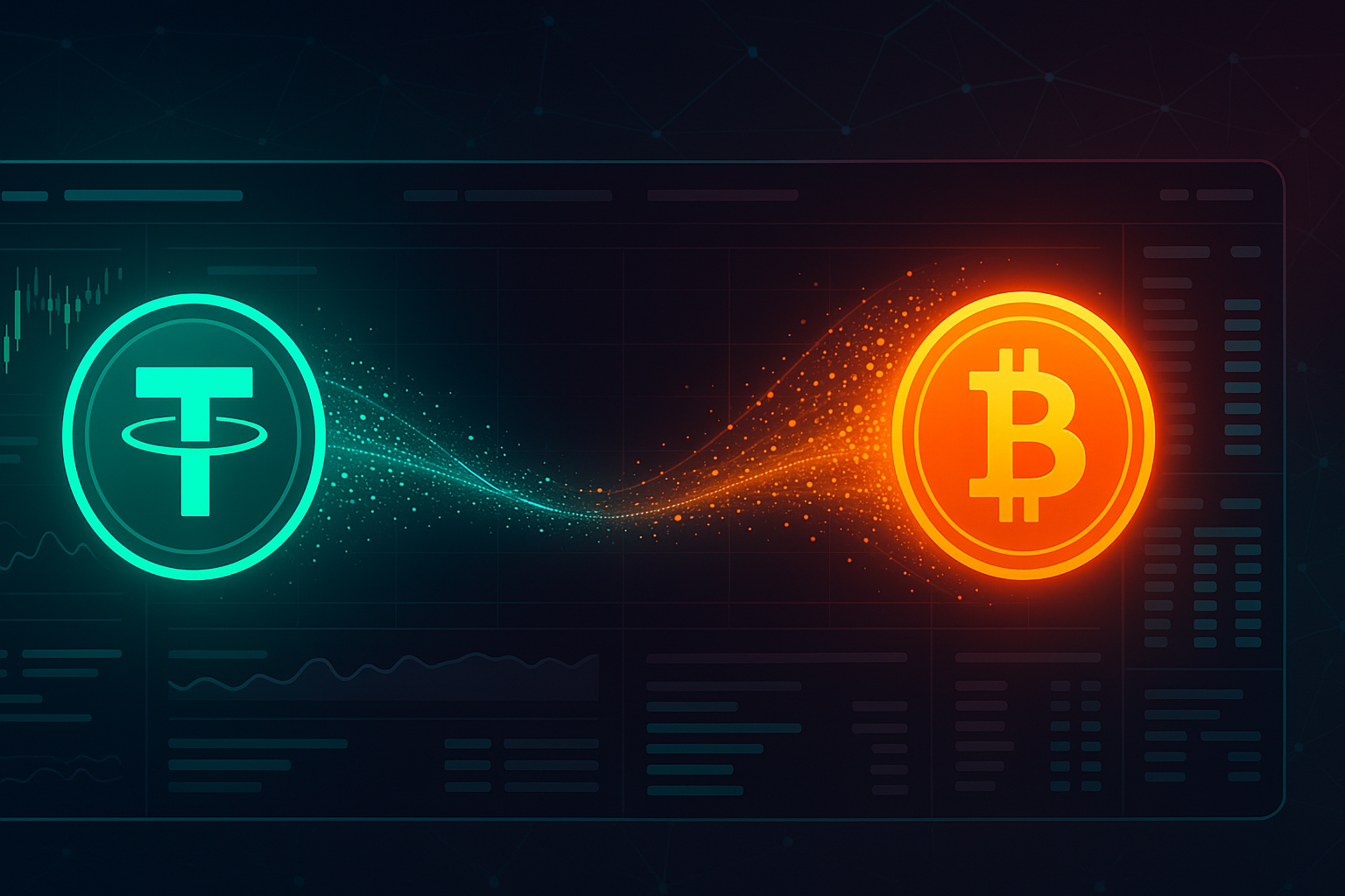 Futuristic crypto dashboard banner visualizing a USDT to BTC swap
