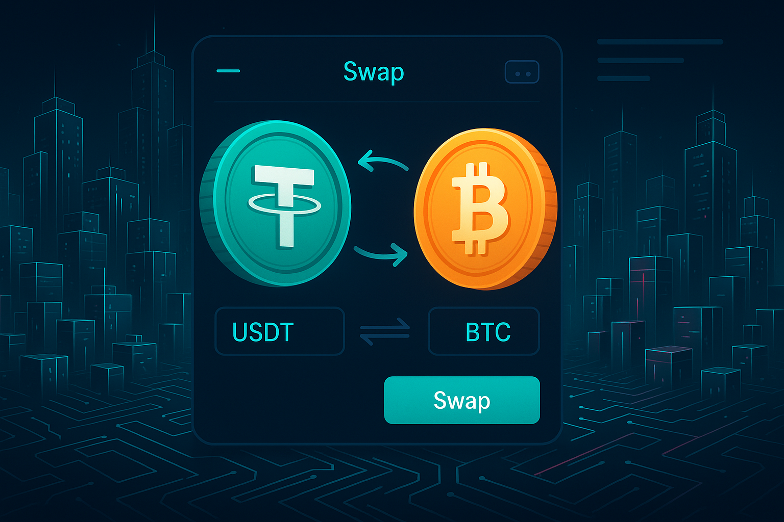 Futuristic digital city banner showing USDT to BTC crypto swap interface