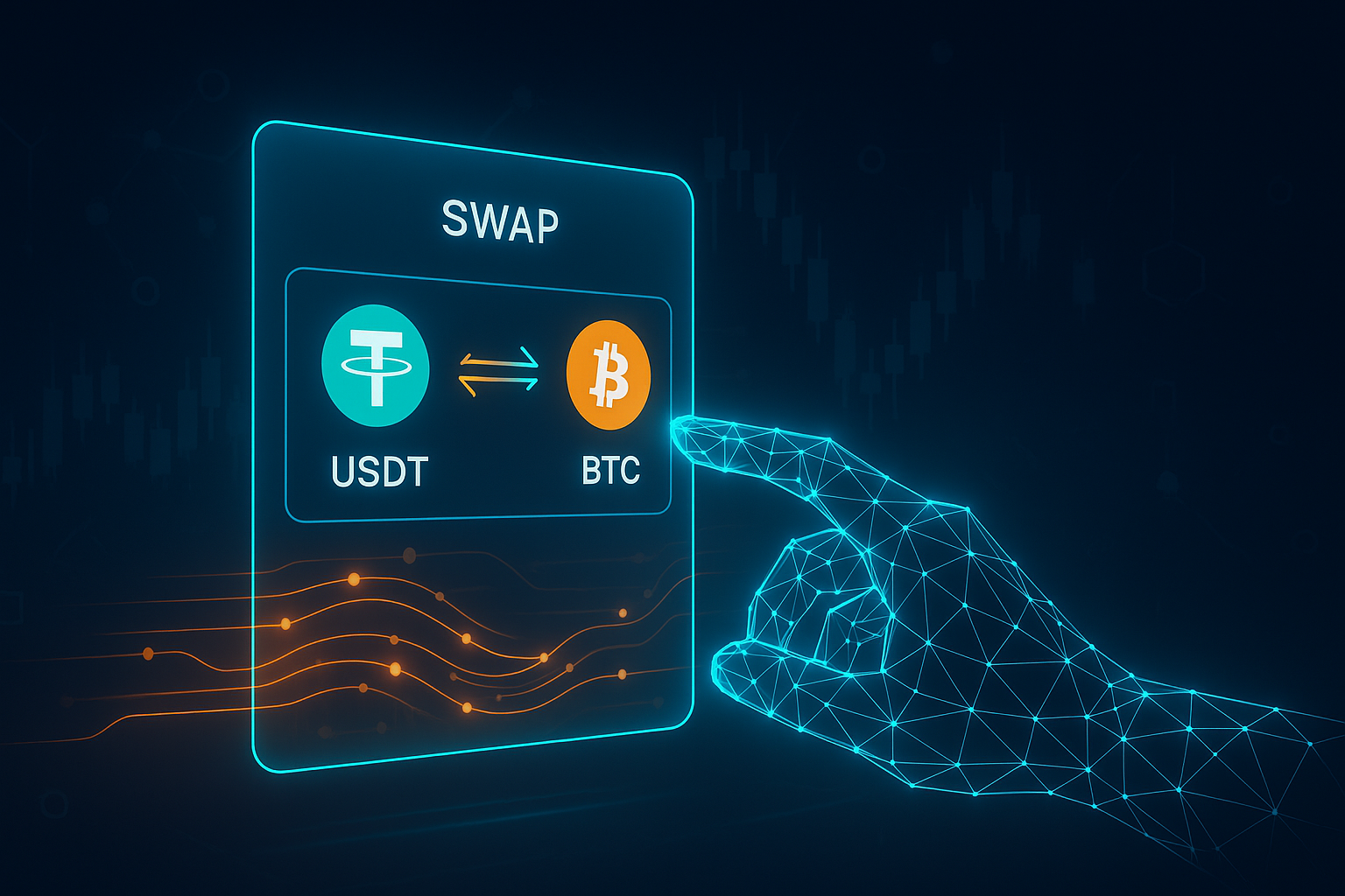 Futuristic crypto interface showing USDT to BTC swap with holographic hand