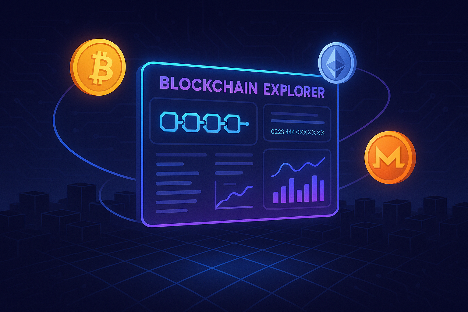 Tableau de bord futuriste d'explorateur de blockchain avec des cryptomonnaies sur une ville numérique