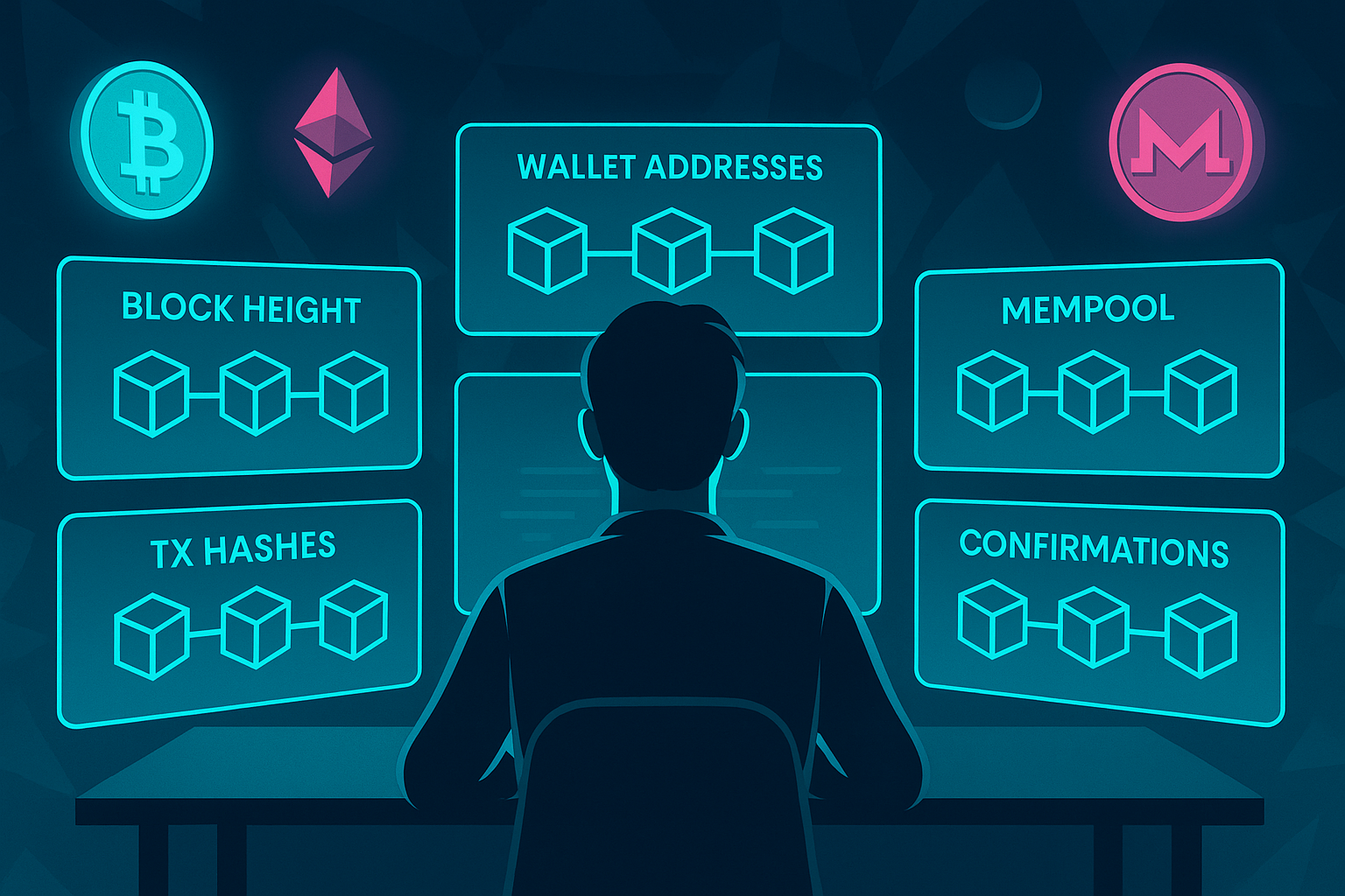 Person using futuristic holographic blockchain explorer with crypto data